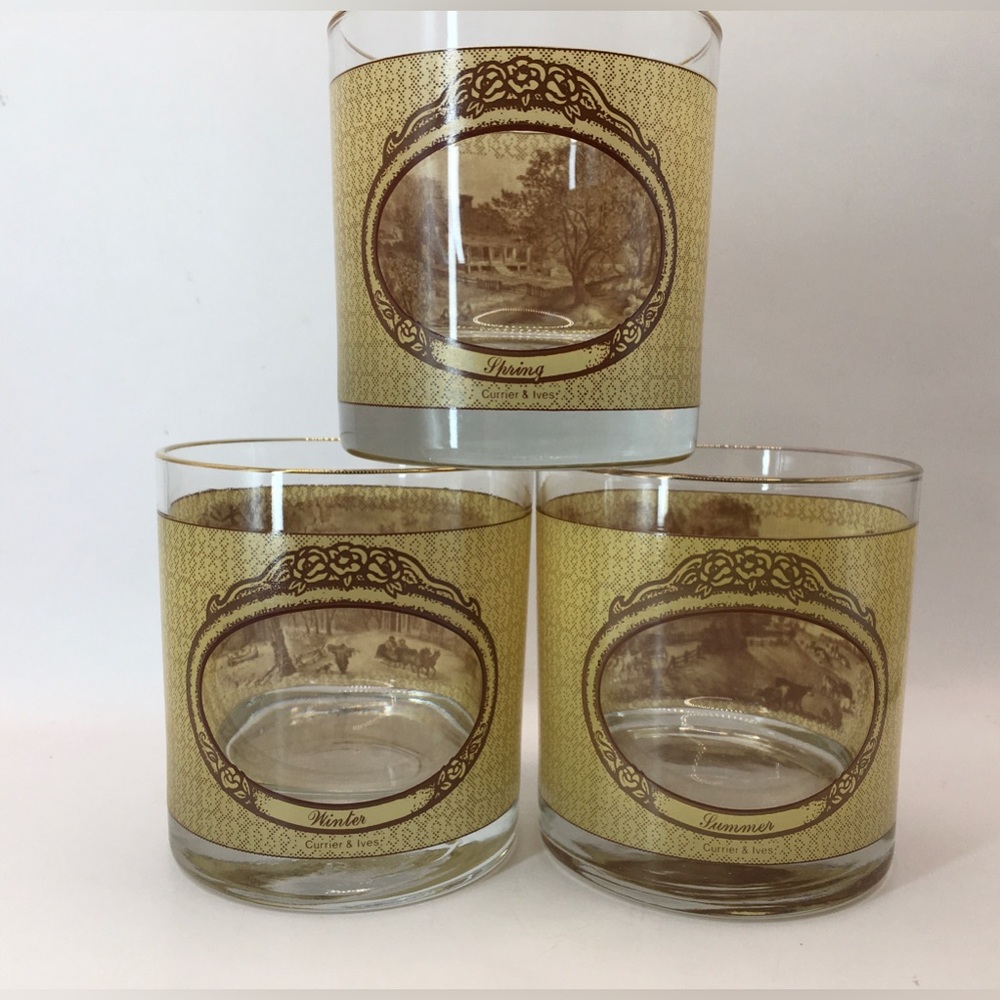 Vintage 3 Currier & Ives Season Glasses Low Ball Houze Seasons-Houze Bar Glasses